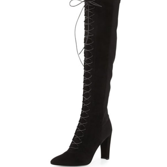 Stuart Weitzman Women’s Stretch Suede Over The Knee Lace Up Boots in Black - Picture 1 of 3